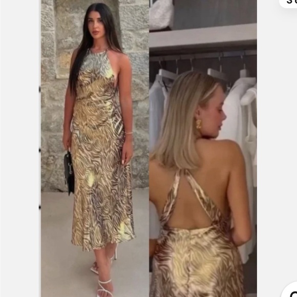 ZARA  FOIL ANIMAL PRINT MIDI HALTER OPEN BACK GOLD DRESS - Picture 3 of 16
